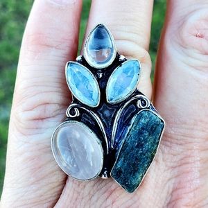 New Rose Quartz, Kyanite, Milky Opal 925 Silver Ring.